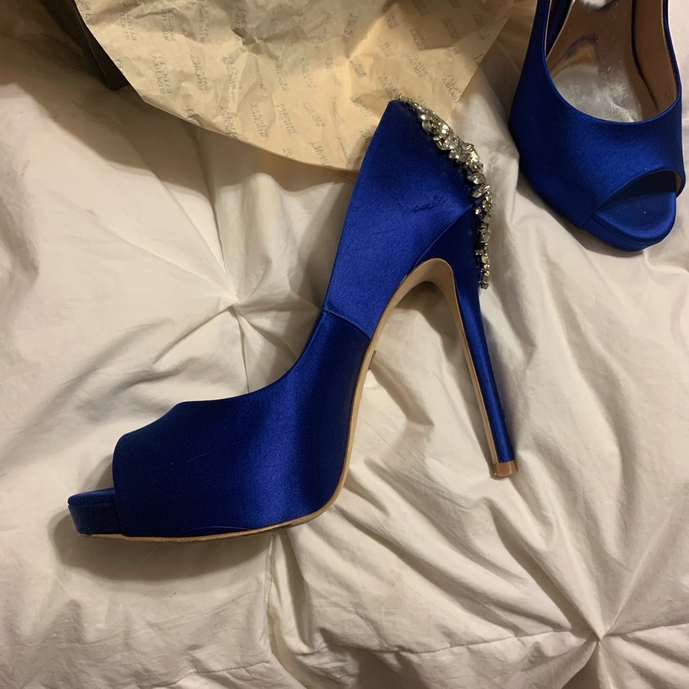 Beautiful blue shoes with silver detailing on the back.